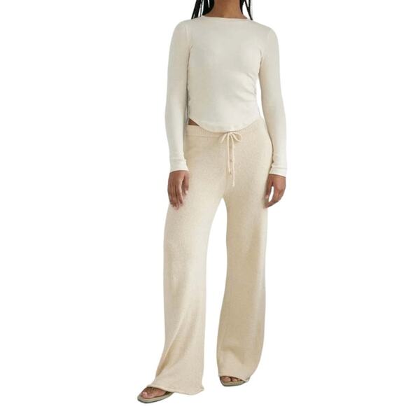 bohme Pants - BOHME Cream Wide Leg Pull On Boucle Knit Trousers Women’s Size Large